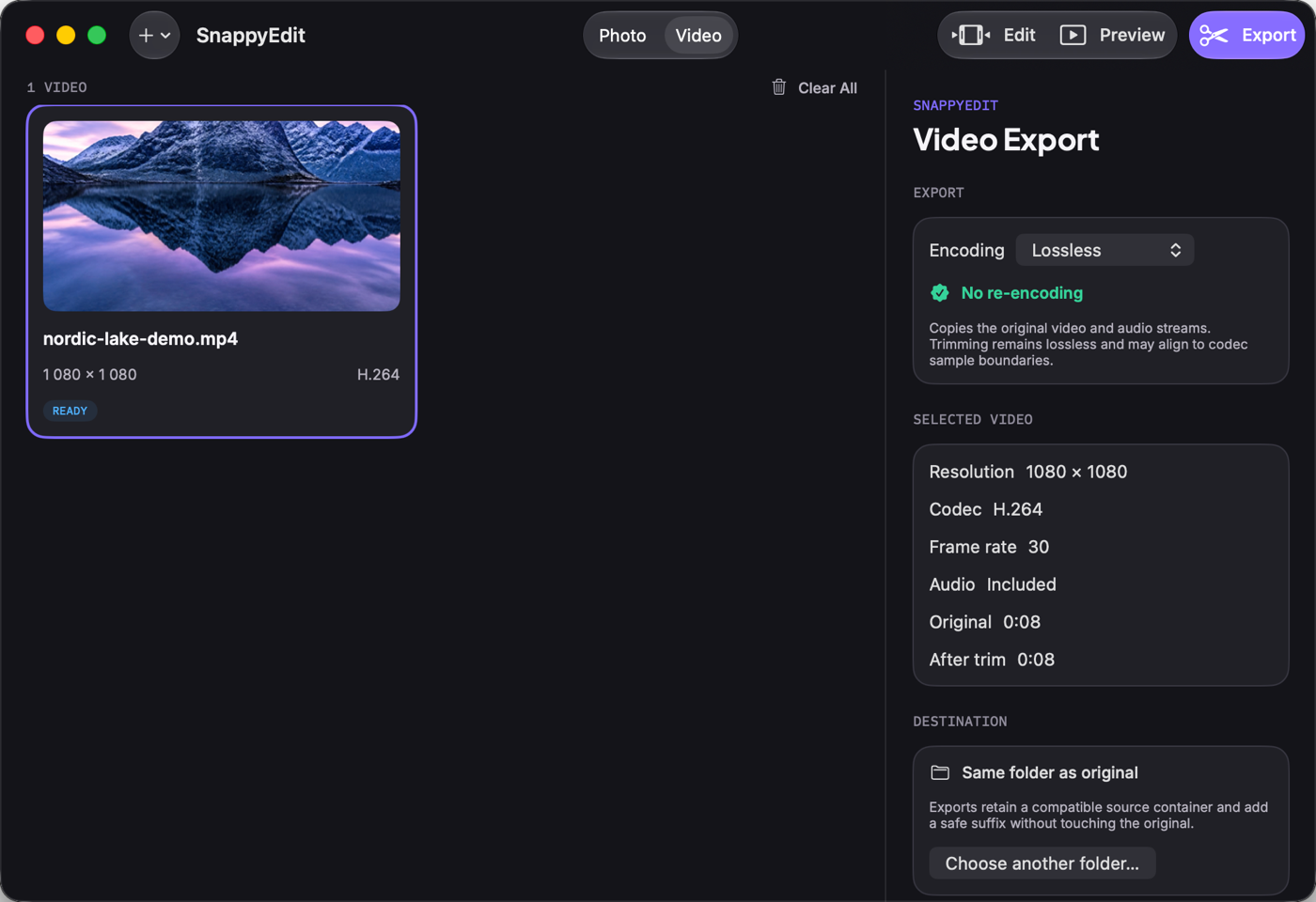 SnappyEdit video export workspace